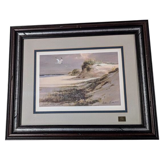 VTG Marc Moon Seagulls Beach Scene Art Print Signed Framed Matted 13 X 15